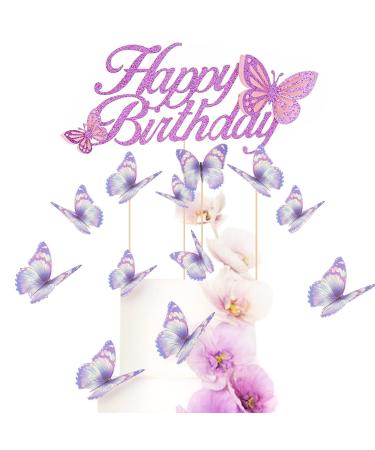 30pcs Purple Gold Edge Mixed Size Lively 3D Butterfly Cupcake Topper for Girls Women's Happy Birthday