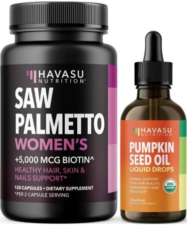 HAVASU NUTRITION USDA Organic Pumpkin Seed Oil Drops (60 Servings) & Saw Palmetto for Women Hair Complex (60 Servings)