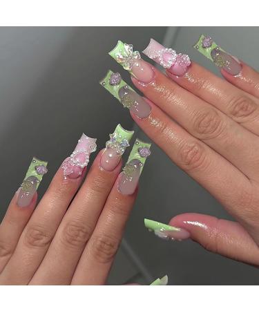 Buy BABALAL Long Press on Nails - 24Pcs Squoval Green French Nails with 3D Flower Charm & Jeweled Design - Handmade Acrylic Glue-ons for Stunning Manicure - Buy Online on GoSupps.com