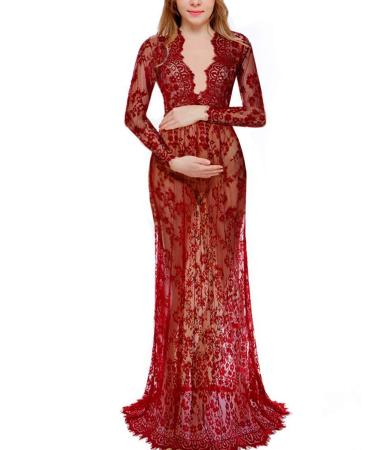 BUOYDM Maternity Dress Women Lace Photography Props Elegant Photo Shoot Dress Maxi Dresses S Burgundy Red
