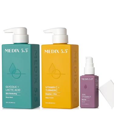 Medix 5.5 Anti Aging Skin Care 3PC Set | Vitamin C Body Cream + Exfoliating AHA Glycolic Acid Foaming Face & Body Wash + Vitamin F Booster Serum Wash + Treat + Hydrate Skincare Set