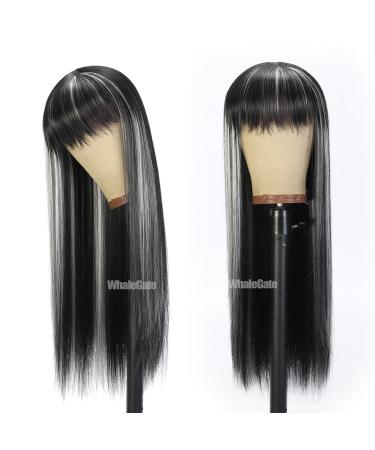 Highlight Wig 26 Inch Long Straight Wigs with Bangs 1B/SmokyGray Highlight Wig Ombre Piano Wigs With Grey Highlights Straight Mixed Color Synthetic Wig (1B/SmokyGray) #1BG