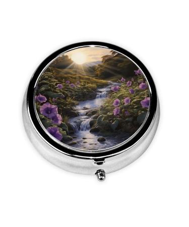 Creek and Purple Morning Glory Portable Metal Pill Box Round Mini 3-Compartment Plastic Insert hinged Fastening Design Suitable for Small Pills Must-Have for Travel Black