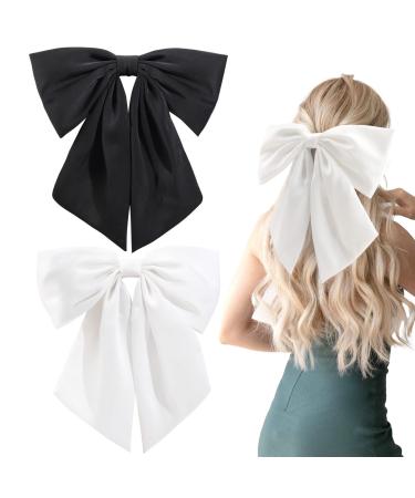 2Pcs Big Satin Hair Bows for Women Girls 10 Inch Barrette Hair Clip Long Black White Silk Ribbon bride Wedding Bows French Style Hair Accessories (Black+White)