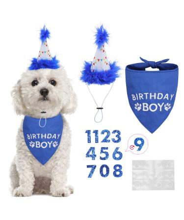 Dog Birthday Hat Bandana Set - Soft Birthday Boy Triangle Scarf and Number Hat, Cute Birthday Party Supplies with 0-8 Figures Blue