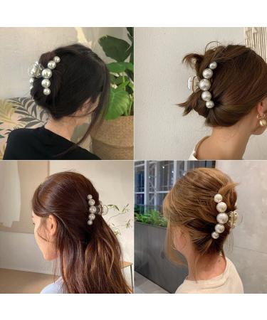 Geometric Pearl Rhinestone Hair Claw Clip - Elegant Acrylic Hairpin for Women | Large Size Hair Accessory Barrette | White Pearl Crab Decoration - 1Pcs - Buy Online on GoSupps.com