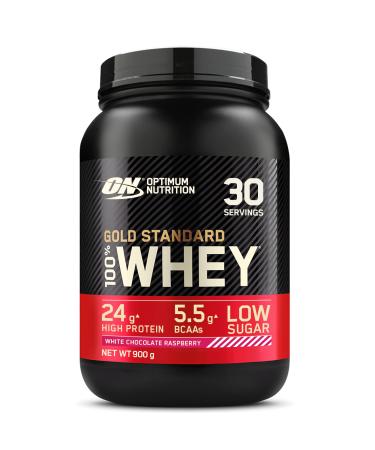 Optimum Nutrition Gold Standard 100% Whey Muscle Building and Recovery Protein Powder With Naturally Occurring Glutamine and BCAA Amino Acids White Chocolate Raspberry Flavour 30 Servings 900 g - Buy Online on GoSupps.com
