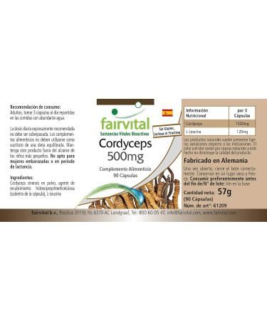 Fairvital | Cordyceps 500mg VEGAN - Highly dosed - 90 capsules - Cordyceps sinensis - caterpillar mushroom - Buy Online on GoSupps.com