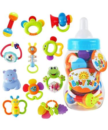 WISHTIME 11PCS Baby rattles teethers for Newborn Toys, Gifts for Infants with Hand Development Rattle Toys and Giant Bottle for 0 3 6 9 12 Month Girl and boy Blue