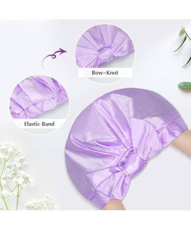 Arqumi Reusable Shower Cap with Ribbon Bow | Waterproof Double-Layer Bath Cap for Women Men | Large Elastic Hair Bonnet for Long Thick Hair - Purple C Shower Cap - Buy Online on GoSupps.com