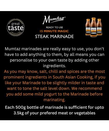 Mumtaz STEAK Marinade Sauce - Pack of 3x500g 15 Minute Magic Marinade Medium Spiced BBQ-Grill-Roast-Stir or Air fry All Natural Ingredients Gluten Free Vegan Friendly. - Buy Online on GoSupps.com