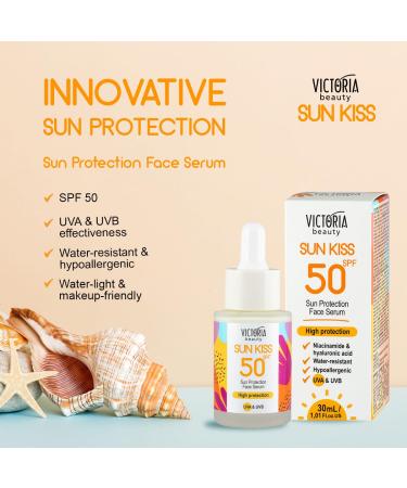 Victoria Beauty Sun Protection Facial Serum SPF 50 | Hyaluronic Acid & Niacinamide | Broad Spectrum UVA/UVB Protection | Waterproof | 30 ml - Buy Online on GoSupps.com