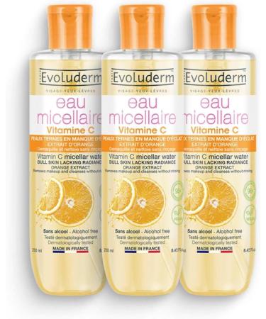 EVOLUDERM – Vitamin C Micellar Cleansing Water – 500 ml – 96% Natural Origin – Vegan – Made in France – Pack of 3 x 500 ml