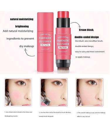 CkFyahp 3-in-1 Cream Blush Stick with Brush | Lightweight, Long-Lasting Makeup Stick for Cheeks, Lips, and Eyes | Face Blush Cream for Mature Skin - Rose Pink - Buy Online on GoSupps.com