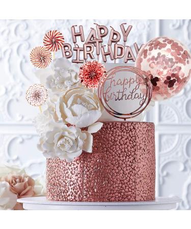 Rose Gold Cake Topper Decoration & Birthday Party Supplies - Happy Birthday Candles, Banner, Confetti Balloon, Paper Fans - Ideal for Girl's & Women's Rose Gold Theme Party Decor - Buy Online on GoSupps.com
