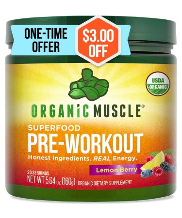 Organic Muscle Natural Pre Workout Powder for Energy, Performance, Endurance - USDA Organic Pre-Workout for Men & Women - Keto, Vegan, Non-GMO, Clean Pre Workout -Lemon Berry - 160g Lemon Berry Pre-Workout