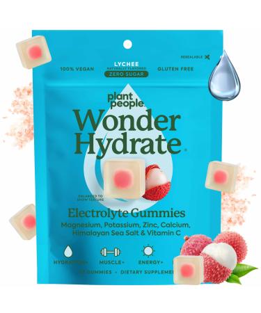 Plant People WonderHydrate Electrolyte Gummies Vegan Hydration Supplement with Magnesium Potassium Zinc Vitamin C & Himalayan Sea Salt Zero Sugar Lychee (42 Count)