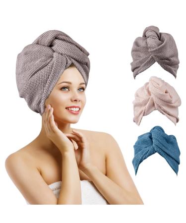 TrendySupply Microfiber Hair Towel Wrap for Women 3 Pack 11 inch X 25 inch Ultra Absorbent Quick Dry Hair Turban with Buttons Drying Curly Long Thick Hair (Blue+Grey+Cream)