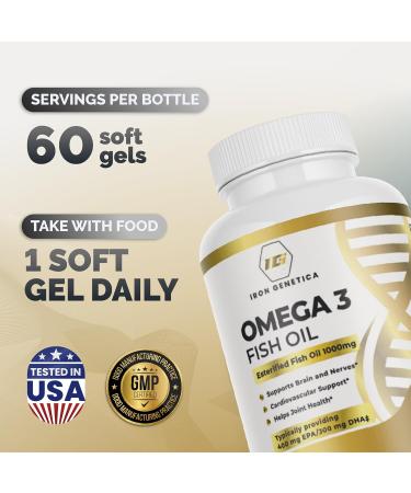 Iron Genetica Omega 3 Fish Oil High Potency EPA 400mg & DHA 300mg | Supports Heart Brain & Joint Health | Fish Oil 1000mg Capsules | Omega 3 Supplement | 60 softgels for Men & Women - Buy Online on GoSupps.com