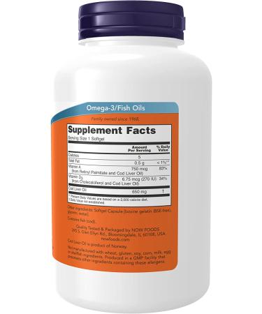 Now Foods Cod Liver Oil 650 mg - 250 Softgels | Premium Omega-3 & Vitamin A - Buy Online on GoSupps.com