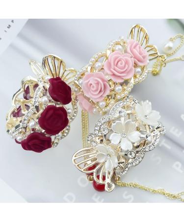 3 Pcs Rose Flower Tassel Ponytail Hair Clips | Vintage High Ponytail Hair Barrettes with Pearl Rhinestone Metal | Chinese Decorative Accessories for Bride Women Girls - Buy Online on GoSupps.com