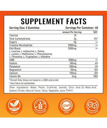 EAA Gummies for Men Women, 120 Ct Essential Aminos Acids (EAA)Supplements and All Branched-Chain Aminos (BCAAs)with HMB,Creatine Monohydrate,Electrolytes for Muscle Relief & Growth,Orange-Lemon Orange-Lemon FlavorB - Buy Online on GoSupps.com