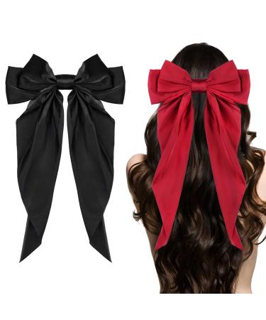 Big Bow Hair Clips 2pcs  Long Tail French hair Bows for Women Girl  Satin Silky Bow Hair Barrette Black Milky White Bow Hair 90's Accessories for Birthday/Party/Show/Christmas/Independence Day black+red