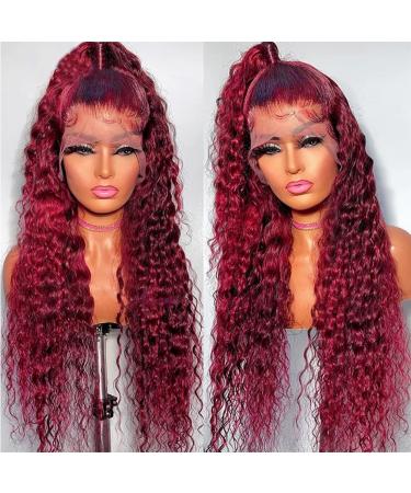 Burgundy Lace Front Wigs Human Hair Wigs for Black Women 24 Inch 99J Deep Wave Wigs 13x4 Transparent Lace Frontal Wigs Glueless Wet and Wavy Red Colored Curly 100% Human Hair Wig Pre Plucked Brazilian Virgin Hair 180% De...
