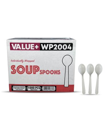 Value Plus (1000 Count) White Disposable Soup Spoon Individually Wrapped Heavy Weight Polypropylene Cutlery for Birthday Party Picnic Barbecue Ideal for Office & Take Away
