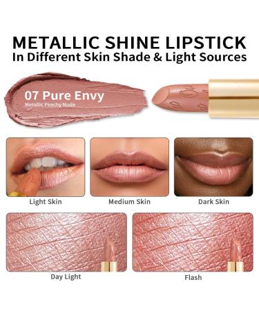 Oulac Metallic Gloss Lipstick - Long-Lasting Moisturizing Vegan - (07) Pure Envy Metallic Peachy Nude - 4.3g - International Shipping Available - Buy Online on GoSupps.com