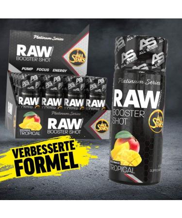 All Stars Raw Intensity Booster Shot Tropical - Pre-Workout Amino Acid & Caffeine Energy Drink | Low Sugar BCAA Shots | 960 ml - Buy Online on GoSupps.com