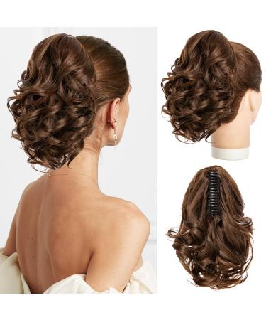 ONETIDE Short Ponytail Extension Curly Clip in Claw Ponytail Extension Synthetic Wavy PonyTail Hair Natural Hairpiece for Women Daily Use(Chestnut Brown 10 INCH)