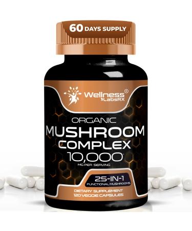 WELLNESS LABSRX Mushroom Supplement Capsules 10:1 Extract Mushroom Complex Capsules 1000mg Lions Mane Supplement with Turkey Tail Cordyceps Reishi - 120 Count 120 Count (Pack of 1)