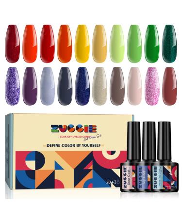 ZUCCIE 23 Pcs Gel Nail Polish Set, Colourful Summer Collection Soak off UV LED Gel Polish Kit, Red Green Gray Pink Glitter Gel Polish Starter Kit with Glossy & Matte Top Coat and Base Coat Gift BLUE PURPLE