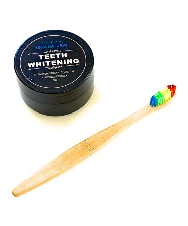 Activated Charcoal Teeth Whitening Powder - 100% Natural Organic Whitener & Polisher + Random Coloured Bamboo Toothbrush
