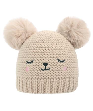 XYIYI Baby Kids Winter Warm Knit Hat Infant Toddler Crochet Fur Pom Beanie Cap for 6-24Months Boys Girls 6-24 Months Bear Khaki