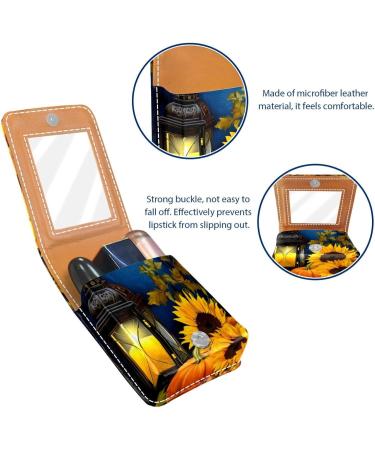 Leather Lipstick Case Organizer with Mirror - Mini Lip Gloss Holder Bag | Fall Sunflower Pumpkin Design | Perfect for Thanksgiving Gifts - Buy Online on GoSupps.com
