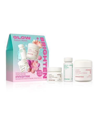 innisfree Super Volcanic Pore Clay Mask Korean Pore Clearing Clay Mask with Volcanic Clusters and AHA Glow + Brighten Set