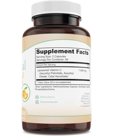 PrimaVita Liposomal Vitamin C 1400mg Capsules, Immune Support Supplement, High Absorption Vitamin & Antioxidant Fat Soluble Vitamin C Supplement (180 Capsules) - Buy Online on GoSupps.com