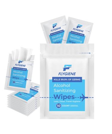FLYGIENE Travel Sanitizing Wipes | 70% Alcohol Wipes Individually Wrapped | Travel Sanitizing Wipes Travel Size Toiletries TSA Approved Airplane Travel Essentials for Flying | 10 Count (1 Pack of 10)