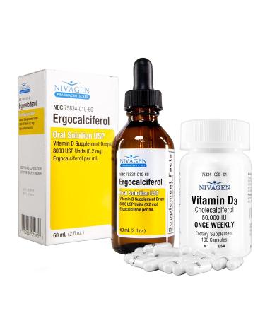 Vitamin D2 Liquid Drops (Ergocalciferol) 400 IU - 60ml (8 000 USP 1 200 Servings) + Vitamin D3 50 000 IU Capsules (100 Count)