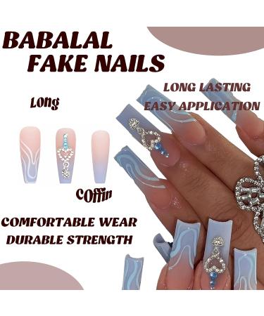 BABALAL Blue Long Coffin Press on Nails with Rhinestones Heart Design - Matte Glue on Acrylic Ballerina Nails for Women and Girls - Buy Online on GoSupps.com