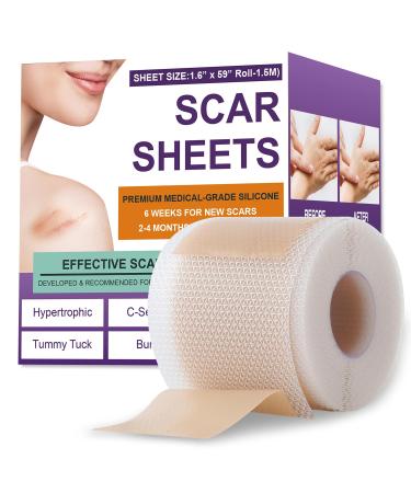 Silicone Scar Sheets Silicone Scar Tape Scar Tape For Surgical Scars Silicone Scar Removal Strips For Surgical C-Section Tummy Tuck Keloid Scars(1.6"X 59" Roll-1.5M) Keloid Bump Removal 1.5M White