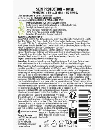 SANTE Naturkosmetik Skin Protection Toner with probiotics organic aloe vera and organic almond nourishing facial water vegan facial care for fresh and radiant skin 125 - Buy Online on GoSupps.com