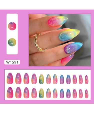 Rainbow Press on Nails - Colorful Almond Shape Fake Nails | Medium Acrylic Nail Tips with Designs | Cute Glue on Nail Decorations for Women - Buy Online on GoSupps.com