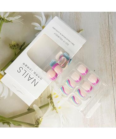 Colorful Waves French Tip Press on Nails - Glossy Blue & Pink Swirl Design | 24Pcs - Buy Online on GoSupps.com