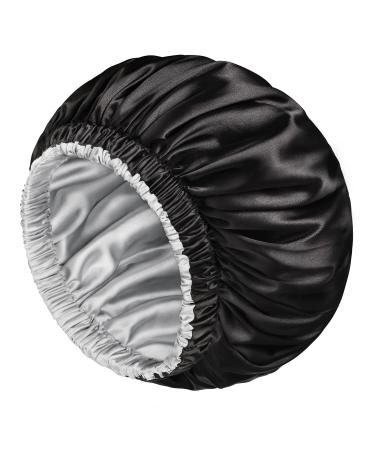 mikimini Satin Bonnet Silky Hair Bonnet for Sleeping Reversible Double Layer Bonnet for Women X-Large Sleeping Cap for Hair Care Soft Stretchy (Black+Silver) X-Large (Pack of 1) Black+Silver