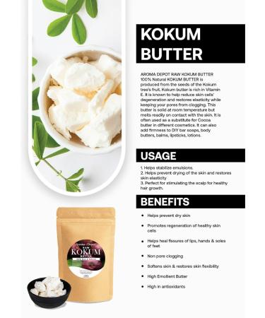 Aroma Depot 16 oz Raw Kokum Butter - Unrefined 100% Pure Natural Moisturizer for Skin Body & Hair | Ideal for DIY Body Butters Sunscreens & Soaps - Buy Online on GoSupps.com