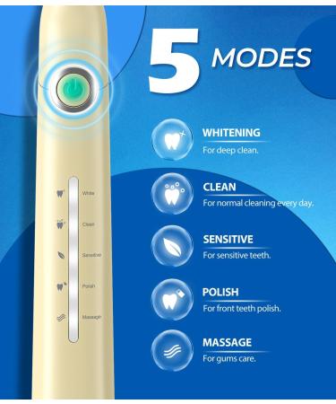 Electric Toothbrush for Adults with 8 Brush Heads - Sonic 40000 VPM Deep Clean 5 Modes Rechargeable Fast Charge Lasts 30 Days - Yellow - Buy Online on GoSupps.com