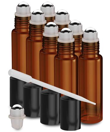 8 Pack - Essential Oil Roller Bottles Metal Chrome Roller Ball FREE Plastic Pippette Refillable Glass Color Roll On for Fragrance Essential Oil - 10 ml 1/3 oz (Amber)